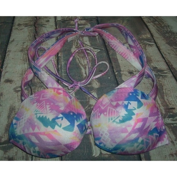 Victoria's Secret Pink Watercolor Aztec Geo Print Western Boho Halter Bikini Top - Picture 1 of 8